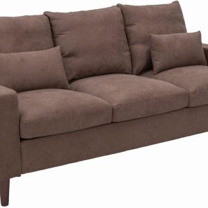 Upholstered Sofas 3 Seater for Living Room Modern Design Simple Couch, Straight Arms, Linen Fabric Upholstery, Tool-Free Assembly (Brown)