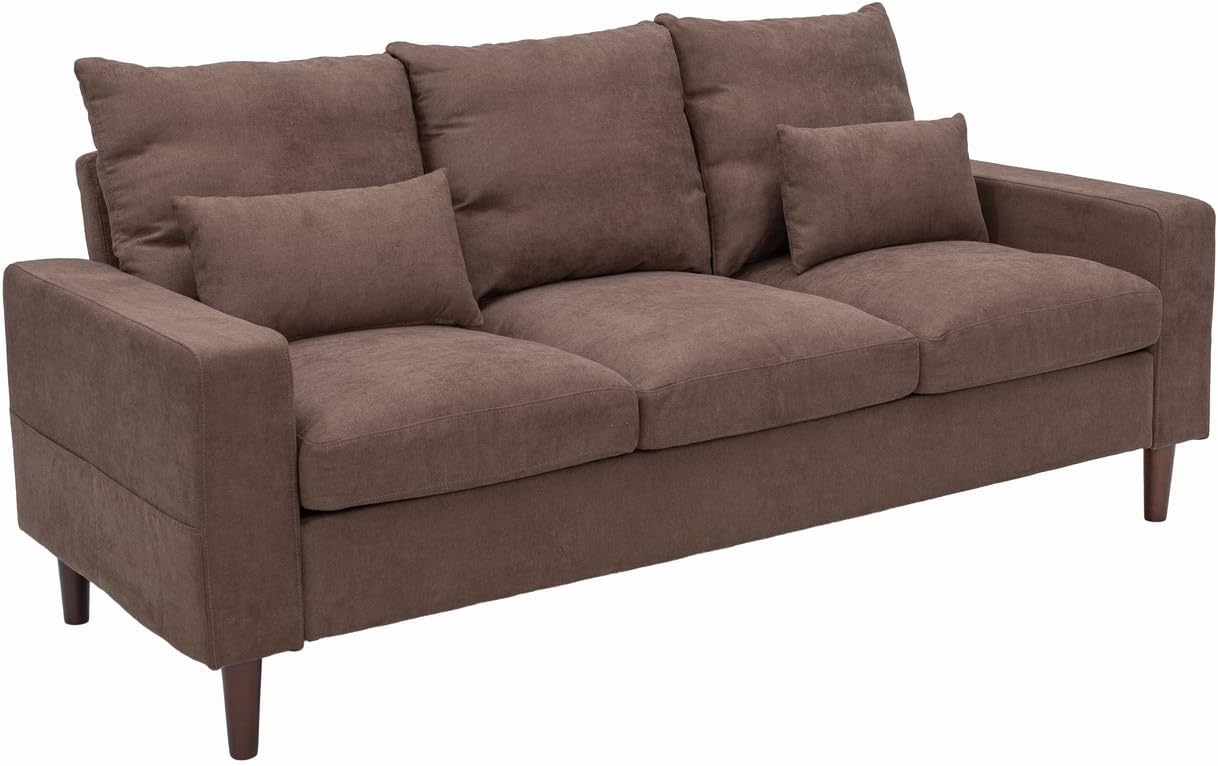 Upholstered Sofas 3 Seater for Living Room Modern Design Simple Couch, Straight Arms, Linen Fabric Upholstery, Tool-Free Assembly (Brown)
