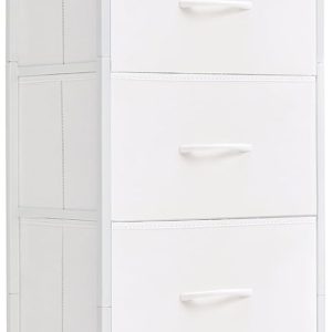 Tall Dresser for Bedroom with 5 Drawers, Storage Organizer Chest of Drawers with Removable Fabric Bins for Closet Bedside Nursery Laundry Living Room Entryway Hallway, White Leather