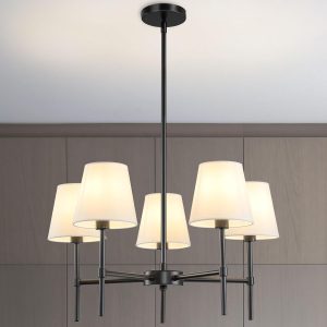 Dining Room Chandeliers Light - 5-Light Black Modern Chandeliers Light Fixtures with White Fabric Shade, Height Adjustable Pendant Island Lights for Entryway Farmhouse