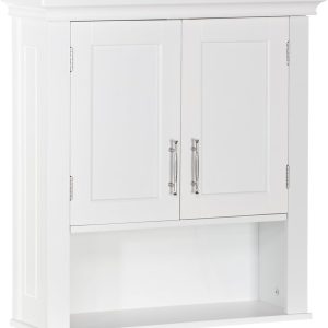 Two-Door Bathroom and Laundry Wall Mount Storage Medicine Cabinet with Open and Adjustable Shelf - White