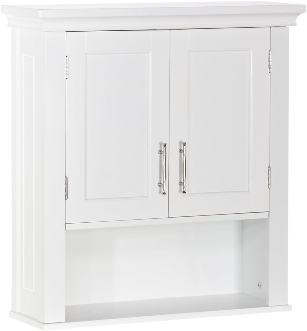 Two-Door Bathroom and Laundry Wall Mount Storage Medicine Cabinet with Open and Adjustable Shelf - White