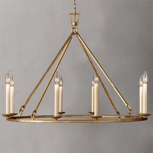 Gold Wagon Wheel Chandelier Rustic 35.4'' Candle-Shaped Metal Chandeliers Antique Brass Round Ceiling Hanging Light Fixture (8-Light)