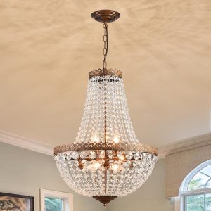 6 Lights French Empire Crystal Chandelier Farmhouse Pendant Lighting, Antique Bronze Ceiling Light Fixture for Dining Room Bedroom Foyer Living Room, W18.5 x H25.6
