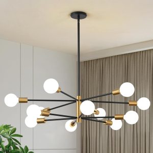 Modern Chandelier 12-Light  Chandeliers Black and Gold Chandelier Light Fixtures for Dining Room Over Table Mid Century Height Adjustable High Ceiling Kitchen Farmhouse Chandelier
