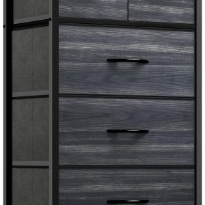 Fabric Dresser with 5 Drawers - Storage Tower with Large Capacity, Organizer Unit for Bedroom, Living Room & Closets - Sturdy Steel Frame, Wooden Top & Easy Pull Fabric Bins
