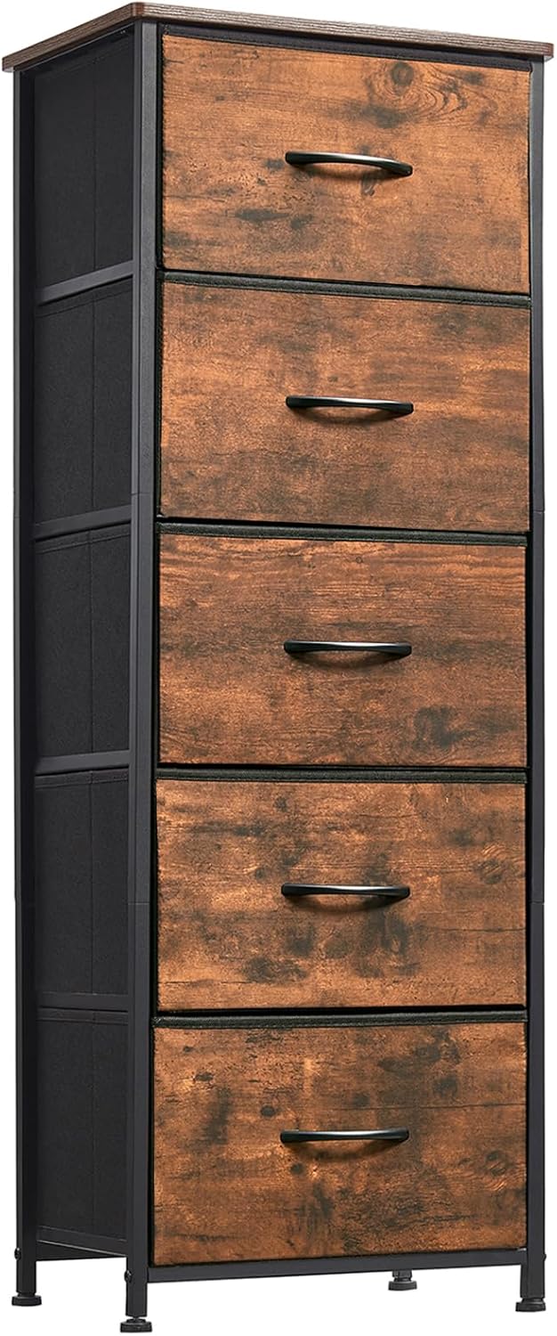 Tall Dresser for Bedroom with 5 Drawers, Storage Organizer Chest of Drawers with Removable Fabric Bins for Closet Bedside Nursery Laundry Living Room Entryway Hallway, Wood Grain Print