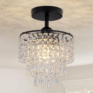 8" Black Chandelier 3-Tier Crystal Raindrop Flush Mount Ceiling Light Fixture Mini Chandelier Light for Bedroom Kitchen Hallway Bathroom Closet (Black)