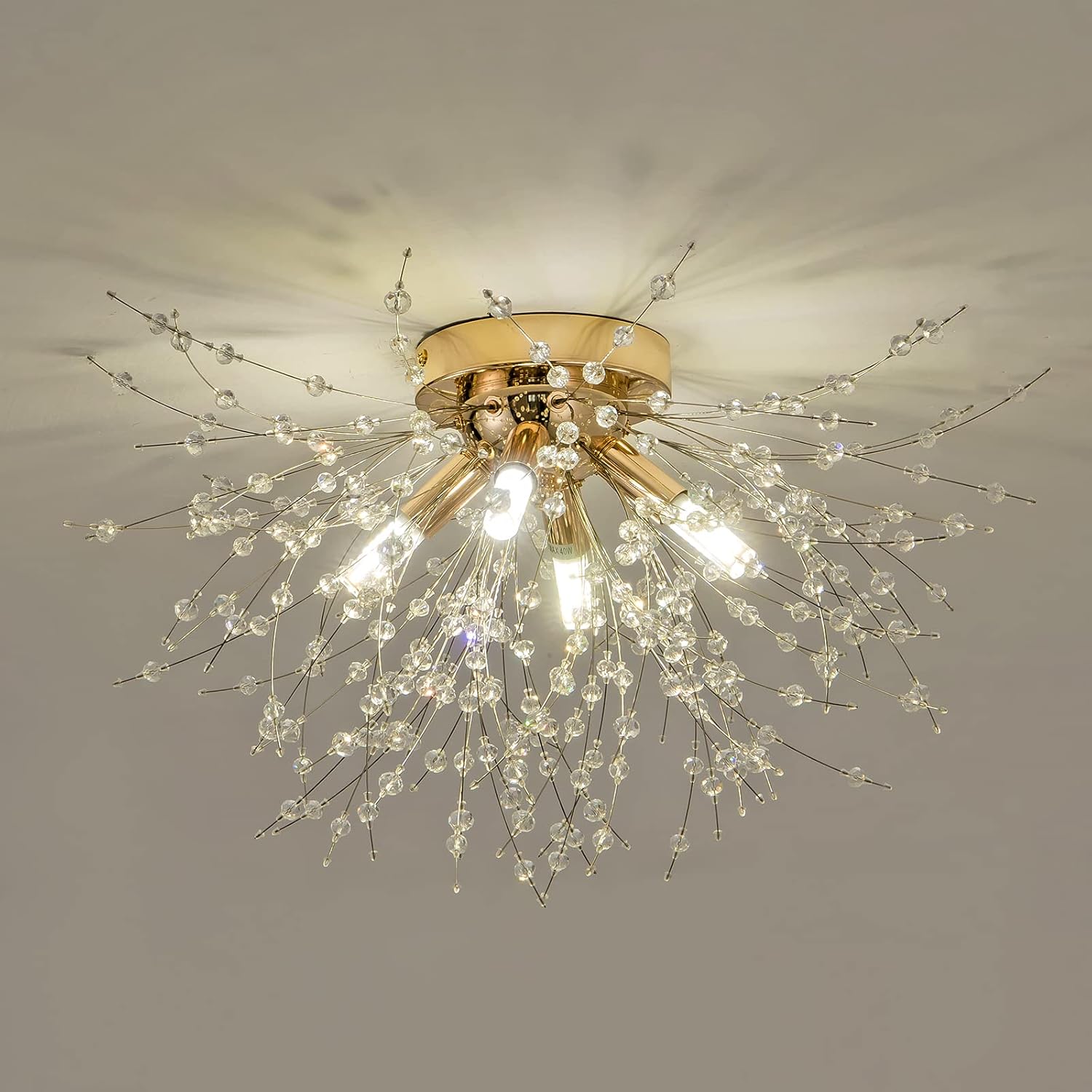 Modern Small Crystal Ceiling Light Fixture, 4-Light Gold Crystal Firework Chandelier, Semi Flush Mount Ceiling Light Fixtures for Bedroom Kitchen Hallway Entryway Bathroom(H9.5'' x W17.7'')