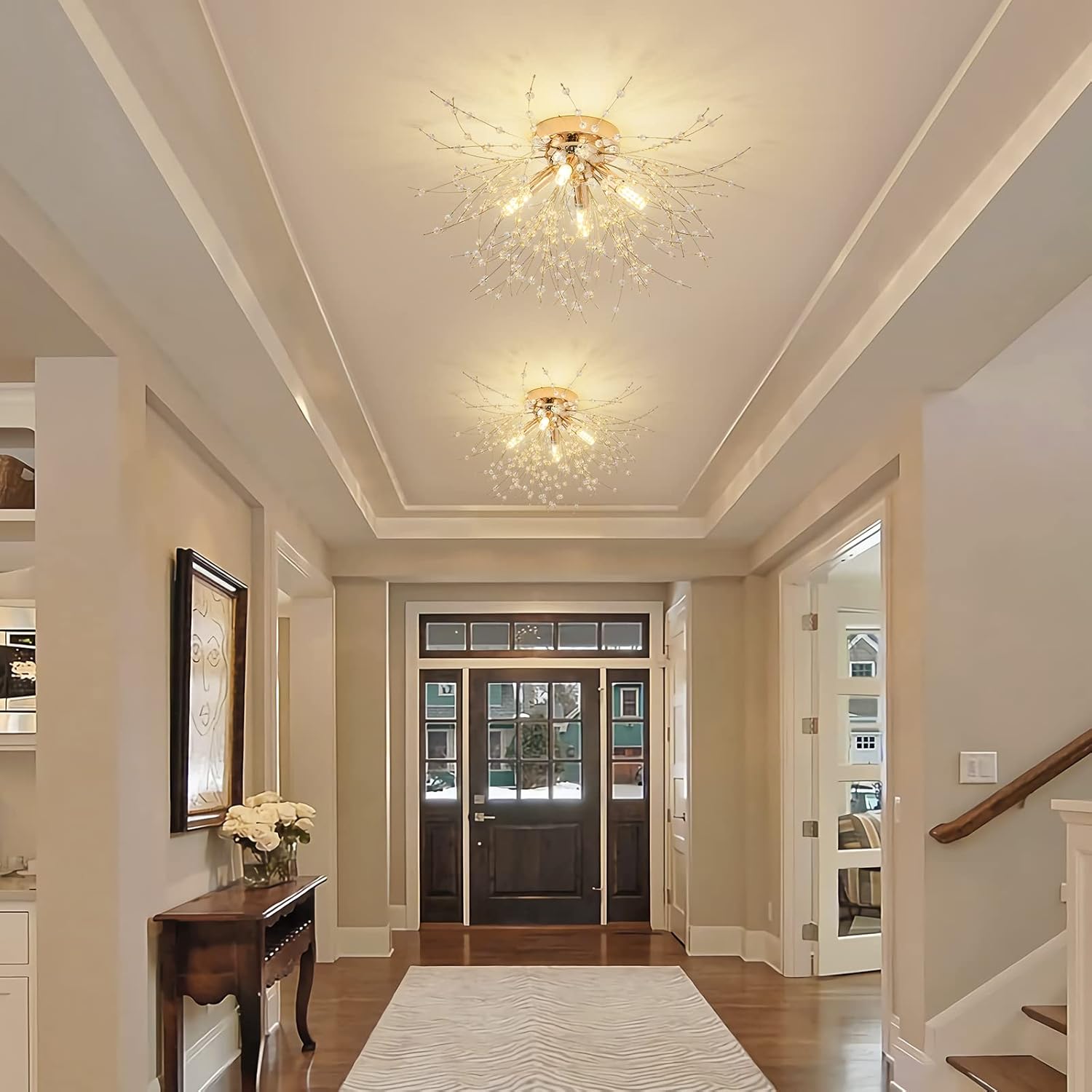 Modern Small Crystal Ceiling Light Fixture, 4-Light Gold Crystal Firework Chandelier, Semi Flush Mount Ceiling Light Fixtures for Bedroom Kitchen Hallway Entryway Bathroom(H9.5'' x W17.7'') - Image 2