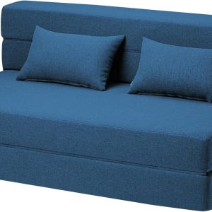 Convertible Folding Sofa Bed - Chair Bed Sleeper with Pillow, Modern Linen Fabric Fold Out & Futon Couch, Foldable Mattress for Living Room/Dorm/Guest Use/Home Office, Full Size, Navy Blue