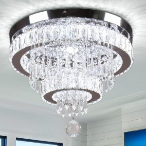 16" Modern Crystal Chandelier, 2 Rings LED Crystal Ceiling Light Semi Flush Mount Chandelier Ceiling Light for Bedrooms Living Room Dining Room (6500K Cool White)