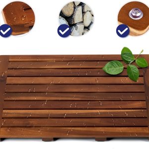 Teak Shower Mat, 24 x 18 inch Wood Bath Mat for Inside Shower, Premium Wooden Shower Floor Mat, Teak Wood Bath Mat for Bathroom Spa & Outdoor Use