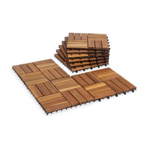 Acacia Wood Decking Tiles 9PCS - Easy Snap Interlocking Deck Tiles for Patio Poolside Balcony  - All Weather Waterproof Flooring for Indoor & Outdoor (Round Joints)