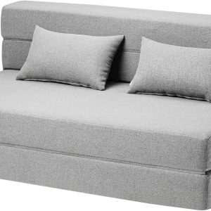 Convertible Folding Sofa Bed - Chair Bed Sleeper with Pillow, Modern Linen Fabric Fold Out & Futon Couch, Foldable Mattress for Living Room/Dorm/Guest Use/Home Office, Full Size, Light Gray