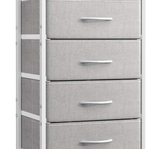 Small Dresser for Bedroom with 5 Storage Drawers, 31" Tall Dresser Chest of Drawers End Table for Living Room, Fabric Dresser with Sturdy Steel Frame, White and Light Grey