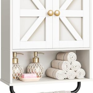 Bathroom Wall Cabinet, Medicine Cabinet with Open Partition and Towel Bar, Rustic Storage Cabinet with Open and Hidden Storage Space, for Bathroom, Living Room, Kitchen, White and Walnut