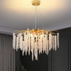 Crystal Tree Branches Chandeliers Gold Luxury Round Raindrop Pendant Light Fixture 9 Light Tassel Ceiling Hanging Light for Dining Room Bedroom Living Room Entryway 23.7"