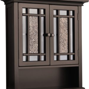 Over The Toilet Removable Wall Medicine Cabinet with 1 Fixed and 1 Adjustable Shelves 3 Storage Spaces 2 Glass Mosaic Doors and Rubbed Bronze-Finished Knobs, Dark Espresso