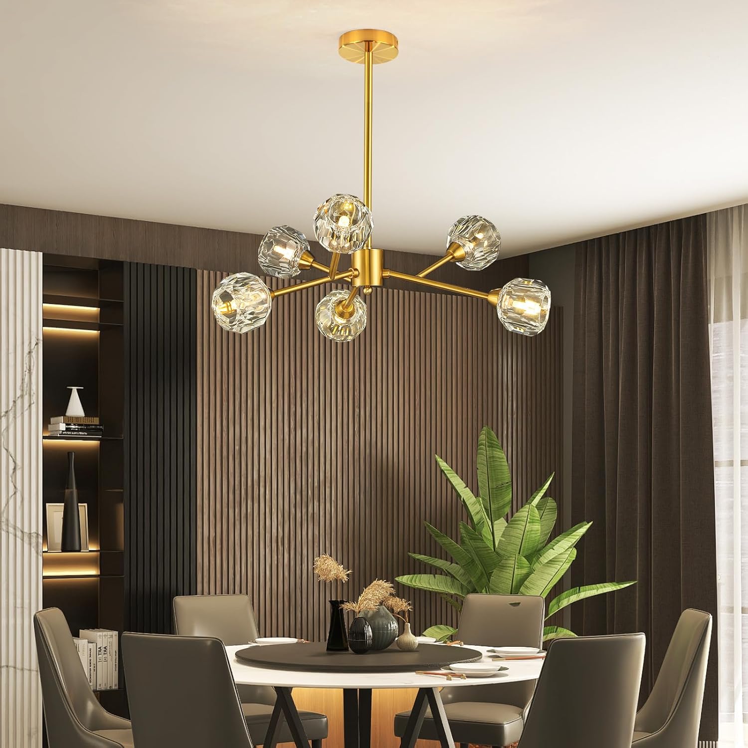 Chandeliers Mid Century Crystal Pendant Light Chandelier 6 Lights Contemporary Brass Branches Chandeliers Ceiling Light Fixtures for Dining Room Bedroom Living Room - Image 2