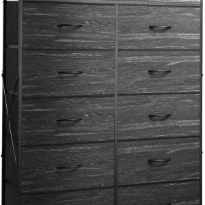 Tall Dresser for Bedroom with 13 Drawers, Storage Dresser Organizer Unit, Fabric Dresser for Bedroom, Closet, Chest of Drawers, Steel Frame, Wood Top, Charcoal Black Wood Grain Print