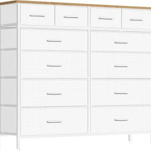 Compact 12 Drawers Dresser for Bedroom, Fabric Storage Tower, Chest of Drawers with Retro Wood Top for Closet, Nursery, Living Room
