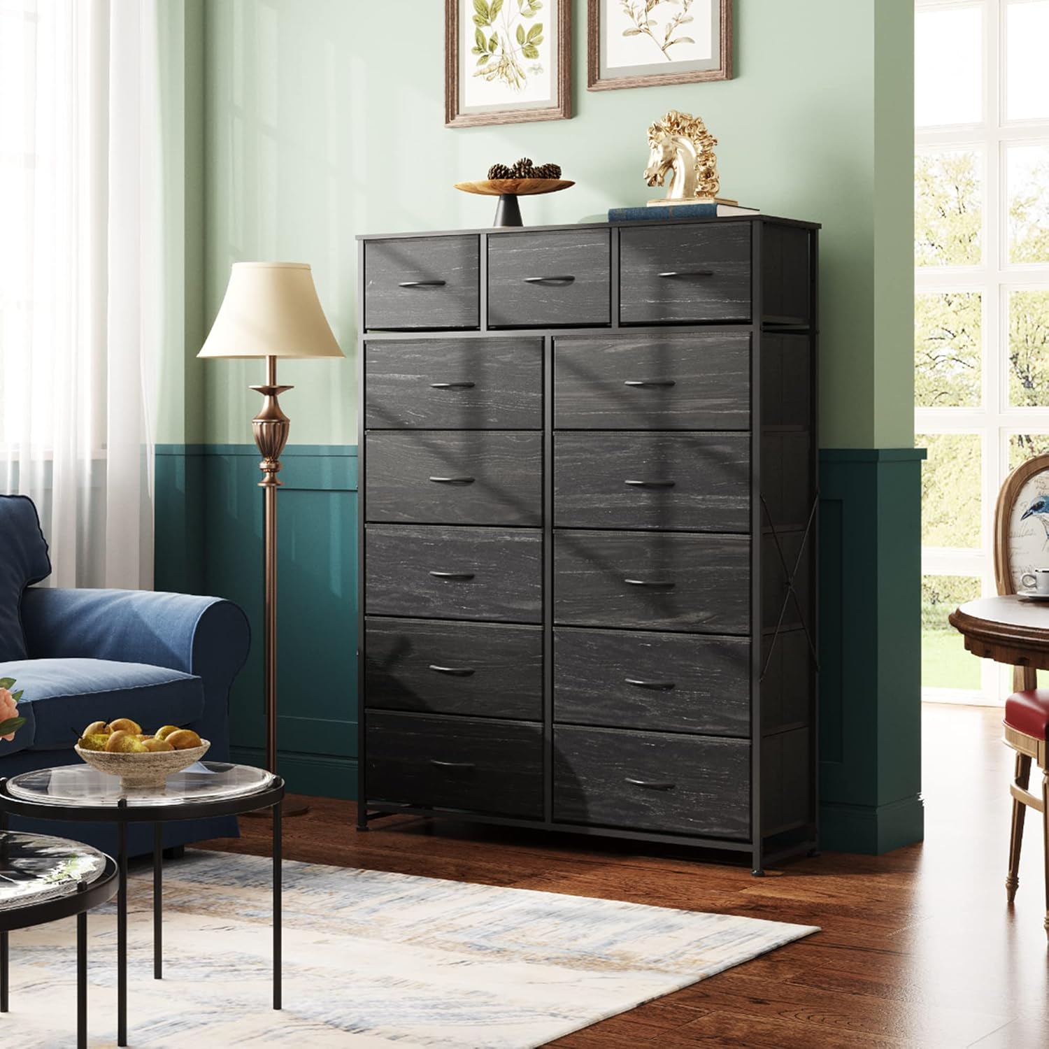 Tall Dresser for Bedroom with 13 Drawers, Storage Dresser Organizer Unit, Fabric Dresser for Bedroom, Closet, Chest of Drawers, Steel Frame, Wood Top, Charcoal Black Wood Grain Print - Image 2