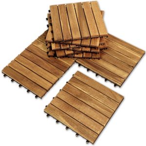 Solid Wood Interlocking Flooring Tiles (Pack of 10, 12" x 12"), Acacia Deck Tiles, Floor Tiles for Both Indoor and Outdoor Use, Waterproof All Weather 6 Slat (Pack of 10, Natural Color)
