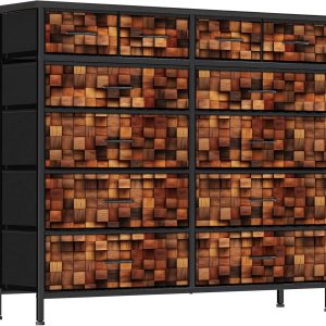 TV Stand Dresser for Bedroom, Tall Fabric Drawer Dresser, Chest of Drawers, Fabric Storage Organizer Cabinet for Closet, Nursery (Solid Brown)