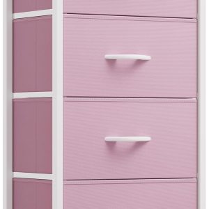 Dresser with 4 Drawers - Storage Tower Unit, Fabric Dresser for Bedroom, Living Room, Closets - Sturdy Steel Frame, Wooden Top & Easy Pull Fabric Bins