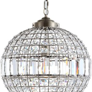 Crystal/Metal LED Chandelier Pendant Glam Contemporary Transitional Dimmable Dining Room Living Room Kitchen Foyer Bedroom Hallway, 16", Antique Brass/Clear