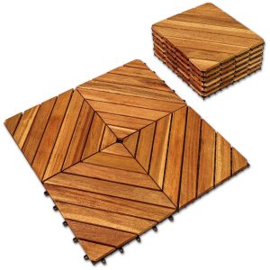 Interlocking Deck Tile (Pack of 10, 12"x12") Acacia Hardwood Deck Tile, Interlocking Patio Tile in Solid Acacia Wooden Oiled Finish Waterproof all Weather Perfect for Indoor Outdoor(Golden Teak Color)