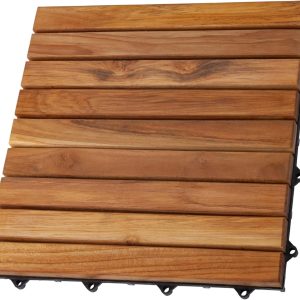 Nordic Style Teak Wood Interlocking Tiles - Wooden Floor Tile Set for Indoor and Outdoor Use - Perfect for Sauna, Patio, Deck, Spa Floors - 10 Square Feet (12" x 12" - 9 Slat Design, Oiled Finish)