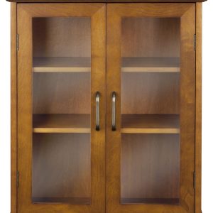 Wooden Over The Toilet Bathroom Removable Wall Medicine Cabinet with 2 Adjustable Shelves 3 Storage Spaces 2 Glass-Paneled Doors and Antique Brass Knobs, Oiled Oak