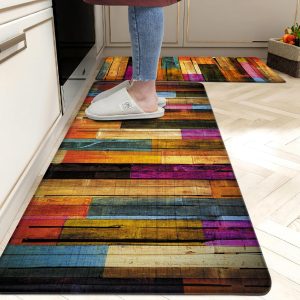 Kitchen Mats for Floor Colorful kitchen rugs Cool Wooden Abstract Anti Fatigue Kitchen Mats Waterproof Floor Mats Cushioned Non-Skid Standing Mats for Laundry, Sink, Set of 2,17.3 x 28+17.3 x 47 Inch